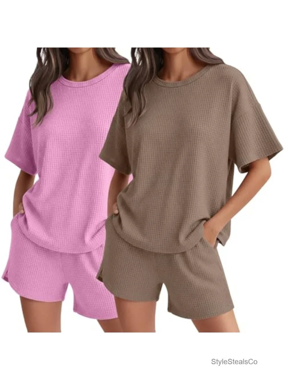 Waffle Knit Pajama Sets with Pockets Short Sleeve Top and Shorts Matching Set